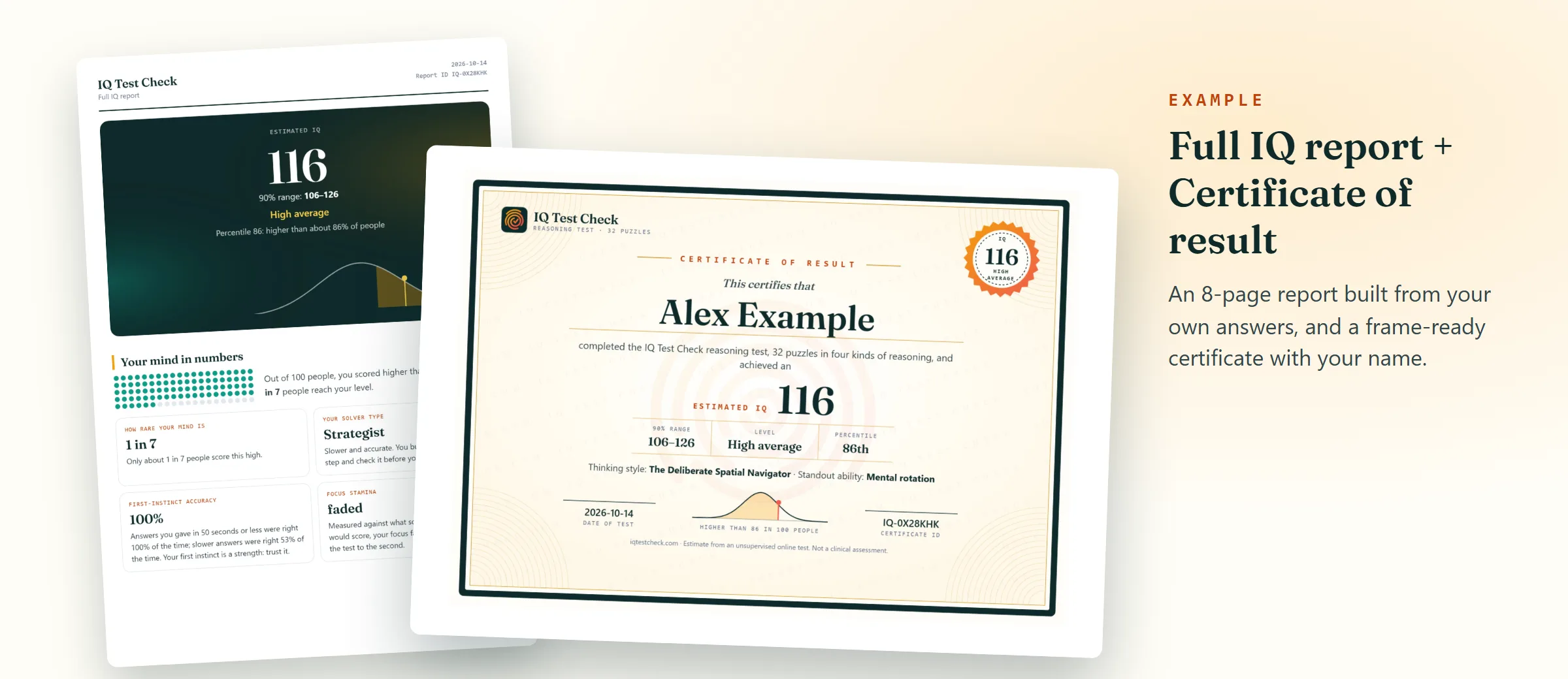 Example of the full IQ report, page one, and the certificate of result for an estimated IQ of 116