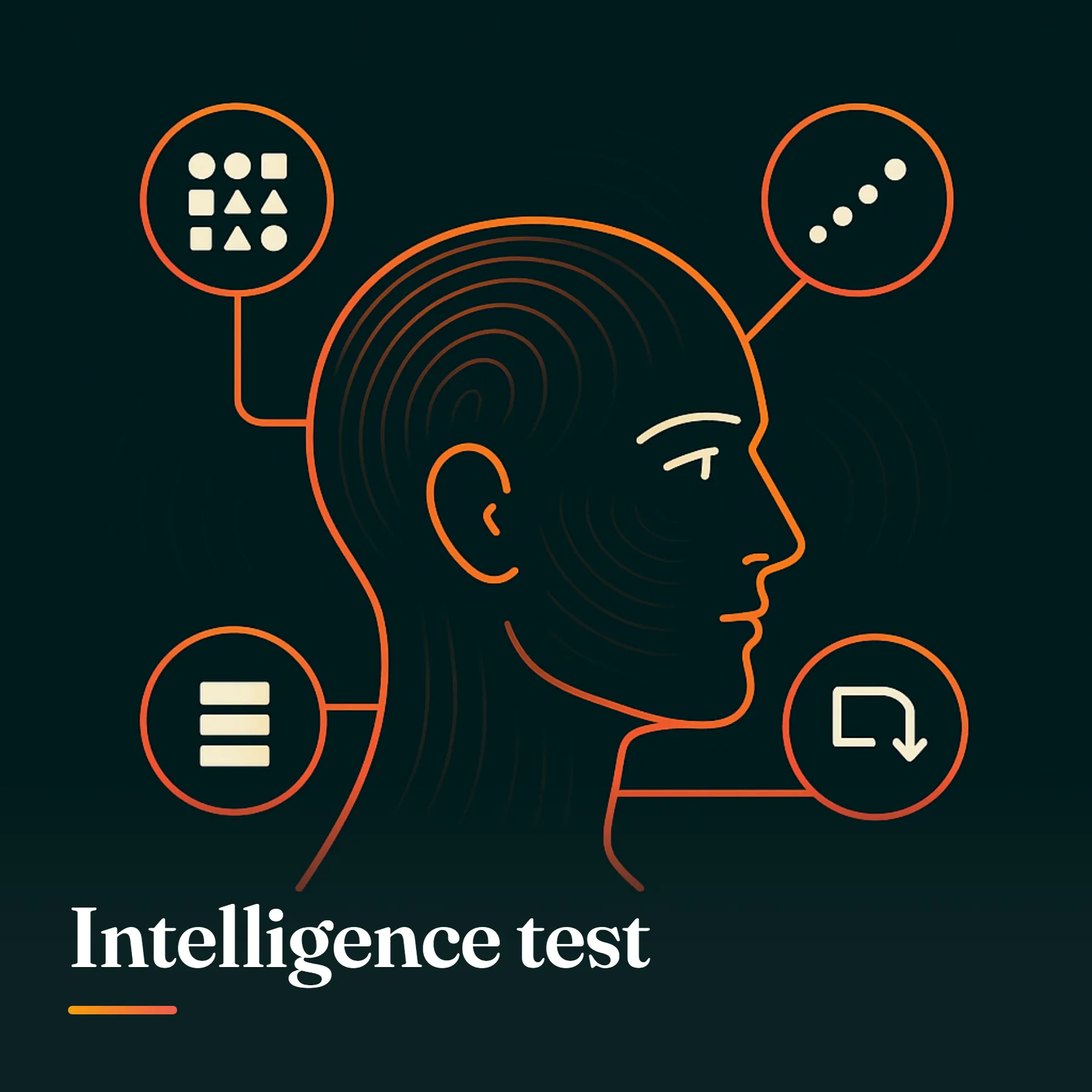 Intelligence test: a head linked to four puzzle types, pattern matrices, number series, letter series and mental rotation